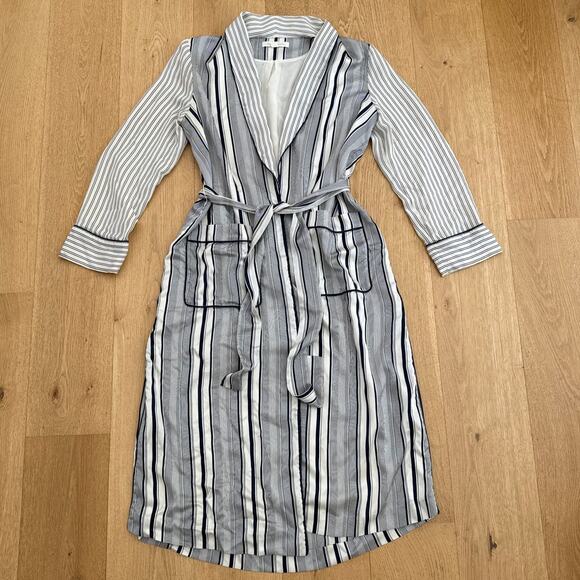Jonathan Simkhai Duster Robe 100% Silk Stripes Size L Cream Blue - Picture 1 of 7